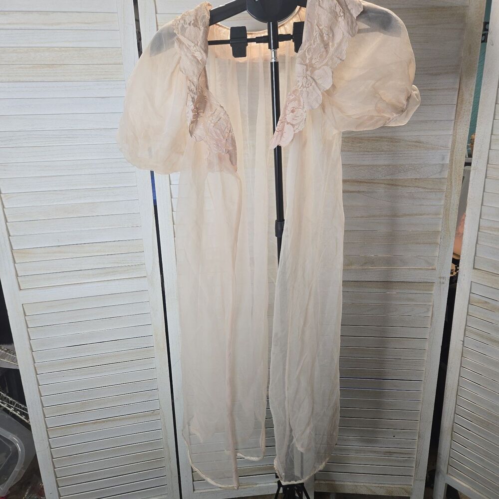 Lisette Womens Elegant Vtg Long Dressing Gown Robe Sheer Nylon Lace Peignoir S